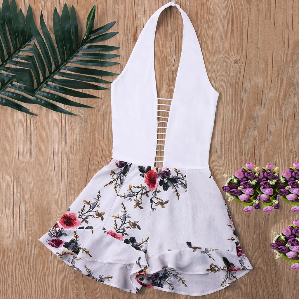 

2019 new arrival jumpsuit Women Sexy V-Neck casual Backless Jumpsuit Print Ruffles Spaghetti Strap Playsuits buzos mujer