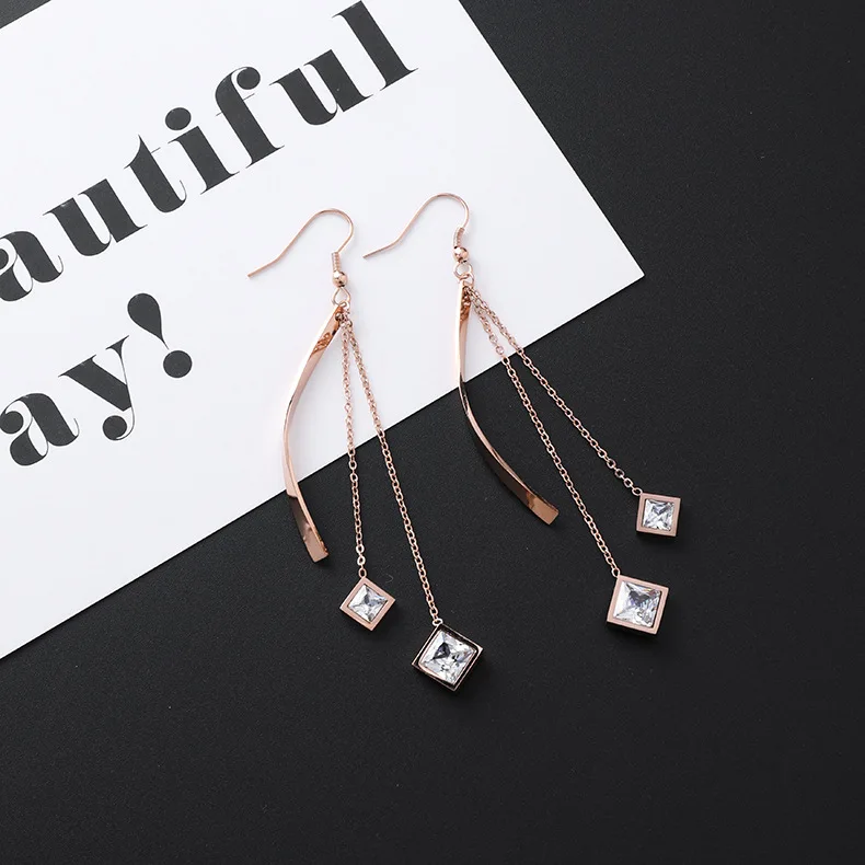 New Listing Geometric Titanium Steel long Tassel Girl Earrings gold Stainless Steel Triangle leaf Girl Black Jewelry Earrings 1