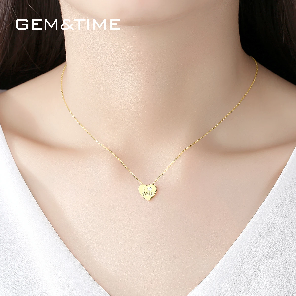 Gem& Time 14k Золотое короткое ожерелье с подвеской в виде сердца с надписью «Love You» Для женщин CZ циркониевое Очаровательное ожерелье ювелирные изделия из желтого золота N14132