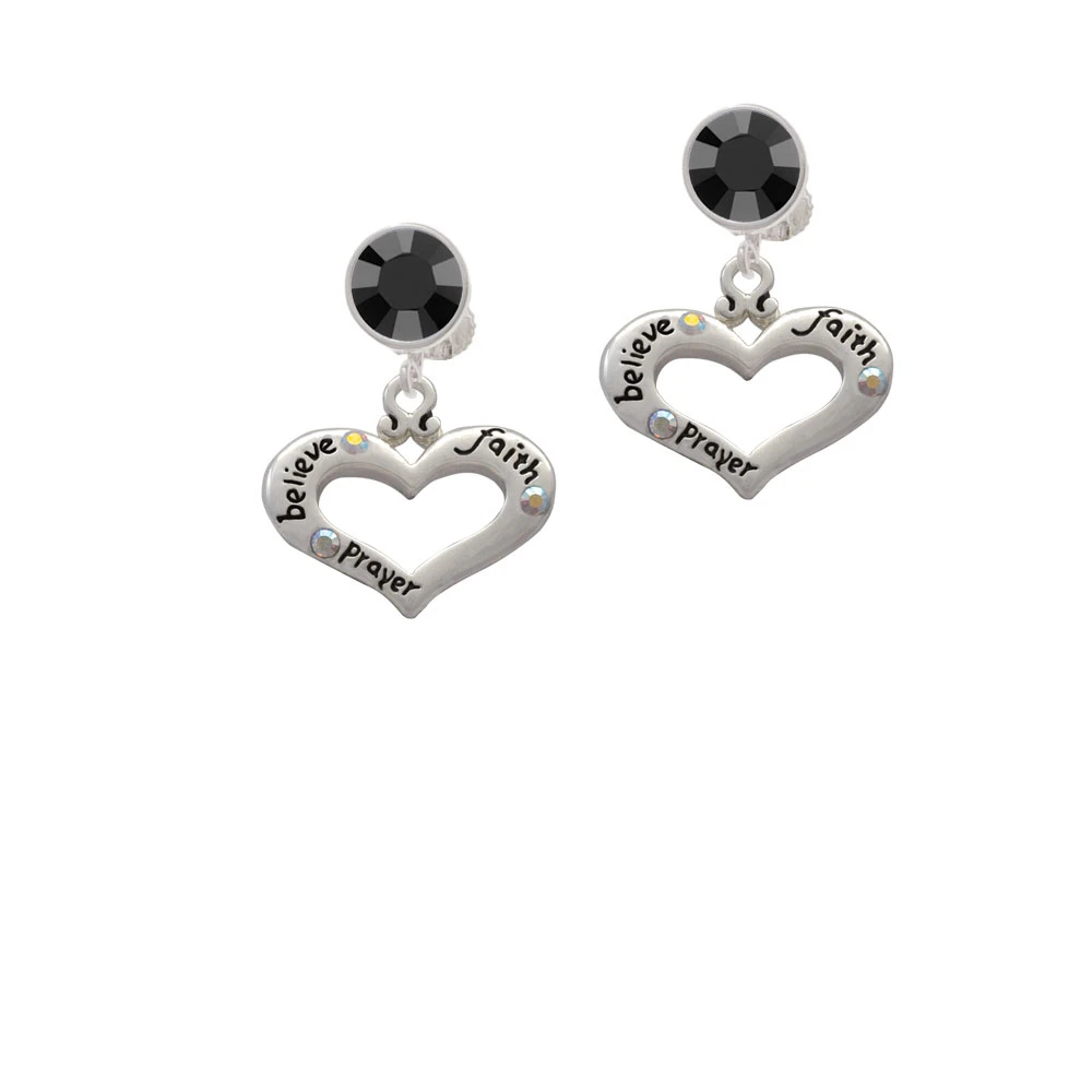 Heart with 3 AB Crystals - Believe Faith Prayer Crystal Clip On Earrings (2)