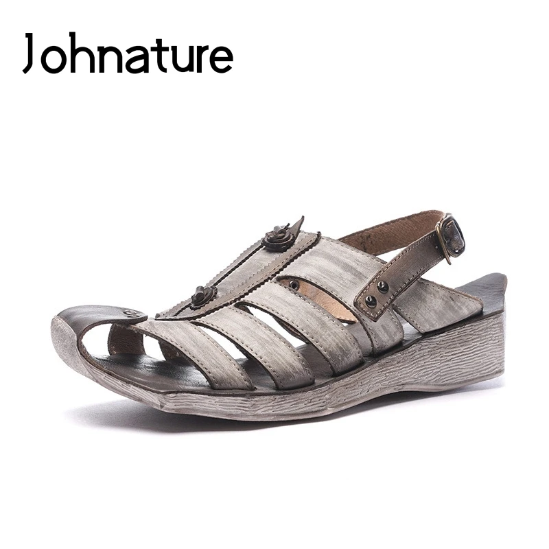 

Johnature Genuine Leather Ankle-wrap Casual Summer Sandals 2019 New Buckle Strap Hand-painted Retro Totem Wedges Women Shoes