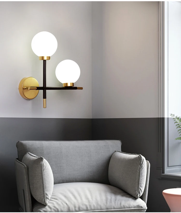 Скандинавское искусство бра E27 Светодиодный светильник s белый стеклянный шар настенный светильник дизайнерский настенный светильник с двумя головками для спальни гостиной