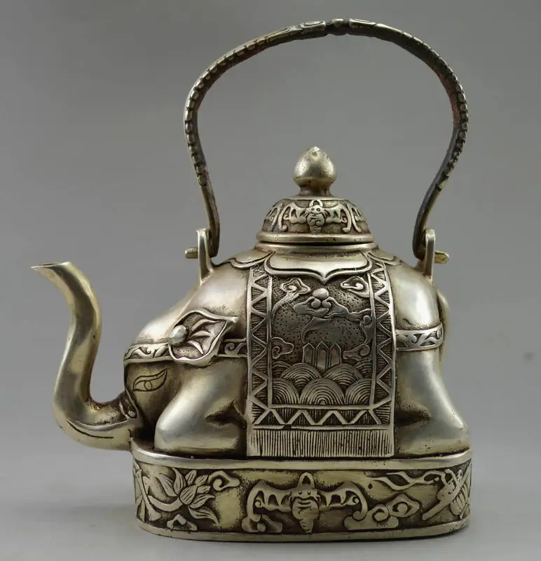 

Elaborate Collectible Decorated Old Handwork Tibetan Silver Flower Elephant Tea pot