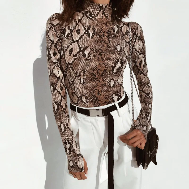 Women Turtleneck Skinny Bodysuit Snake Printed Long Sleeve