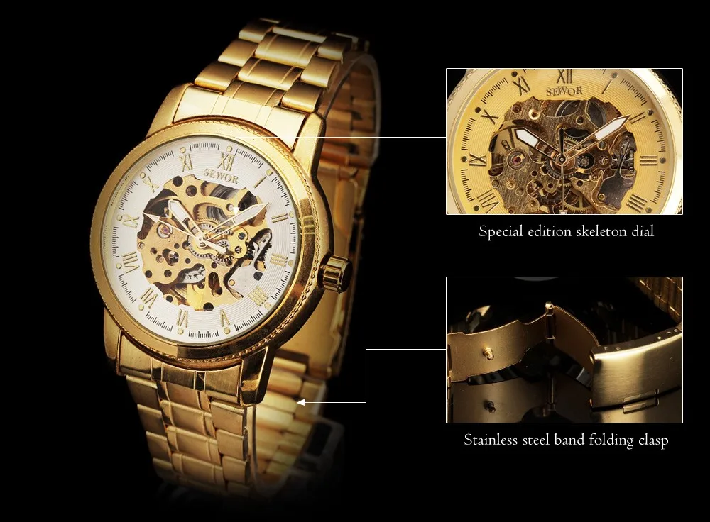 SEWOR Элитный бренд Для мужчин Автоматический Часы с костями Для мужчин Нержавеющая сталь ремешок Механические Формальные часы белого золота человек наручные часы