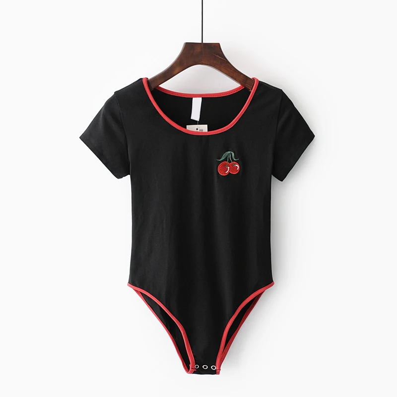 Women Short Sleeve Bodysuit with Embroidery cherry
