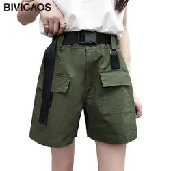 Bivigaos Лето карман брюки карго шорты для женщин для тонкий хлопок повседневное эластичный пояс Короткие корейский Harajuku прямые свободные