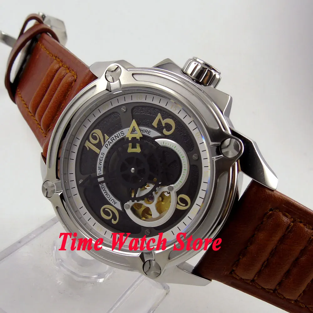 

Parnis 44mm 21 jewels Golden Miyotaautomatic Men's watch black dial sapphire glass Polished 5ATM brown leather strap 661B