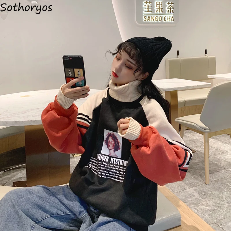 هوديس المرأة الياقة المدورة سمكا زائد المخملية الدافئة المتناثرة المطبوعة البلوفرات إمرأة المعتاد خليط الترفيه شيك بلوزات