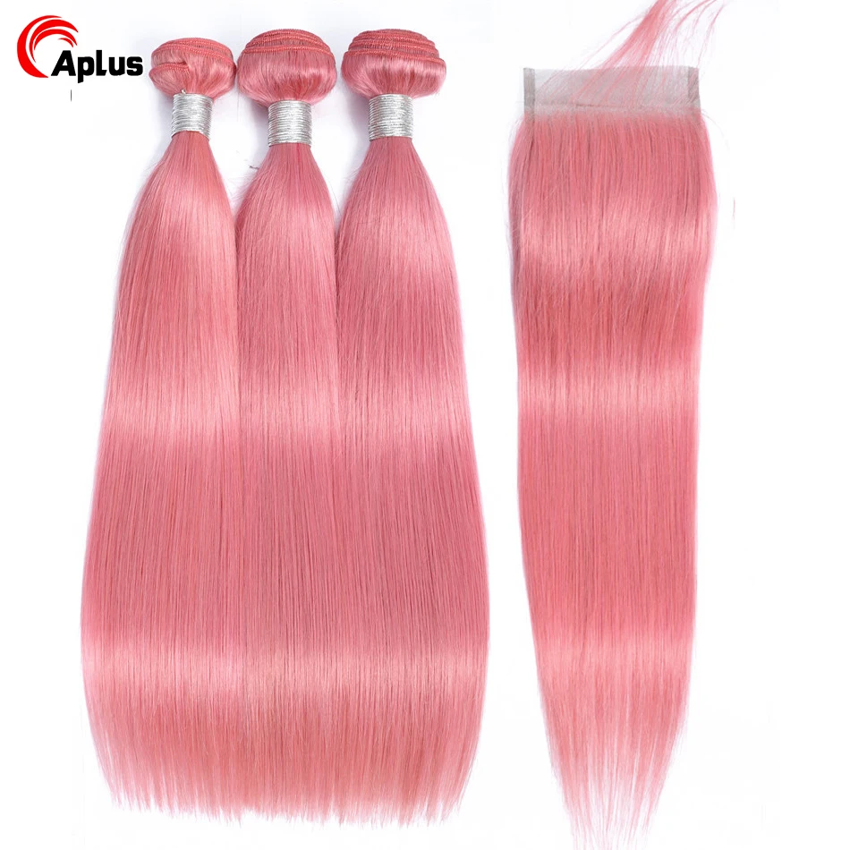 

Aplus Hair Pink Bundles With Closure Pre Colored Rose Straight Remy Peruvian Human Hair Bundles With Lace Closure With Baby Hair