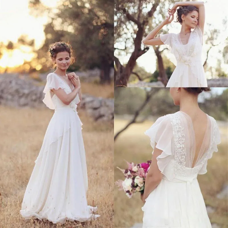 

Beach Boho V Neck Wedding Dresses A Line Lace Chiffon Pregnant woman Bride Gowns Vestidos De Novia Custom Size