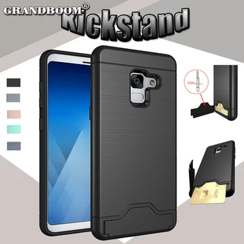 

500pcs Card Slot Dual Layer Brushed Shockproof Case For Samsung A8 Plus 2018 A3 A5 A7 J3 J5 J7 2018 Hard PC+TPU Kickstand Cover