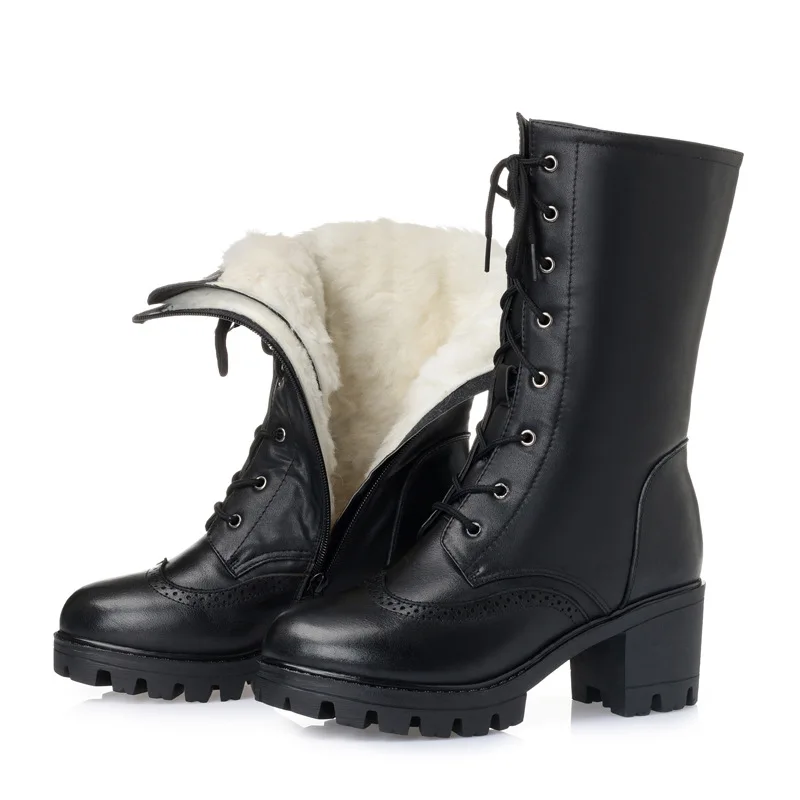 Women Winter Lace-Up Vintage Thick Heels Snow Boots Genuine Leather Shoes Thick Warm Wool Lady Retro Mid Calf Boot Plus Size Women Winter Lace-Up Vintage Thick Heels Snow Boots Genuine Leather Shoes Thick Warm Wool Lady Retro Mid Calf Boot Plus Size