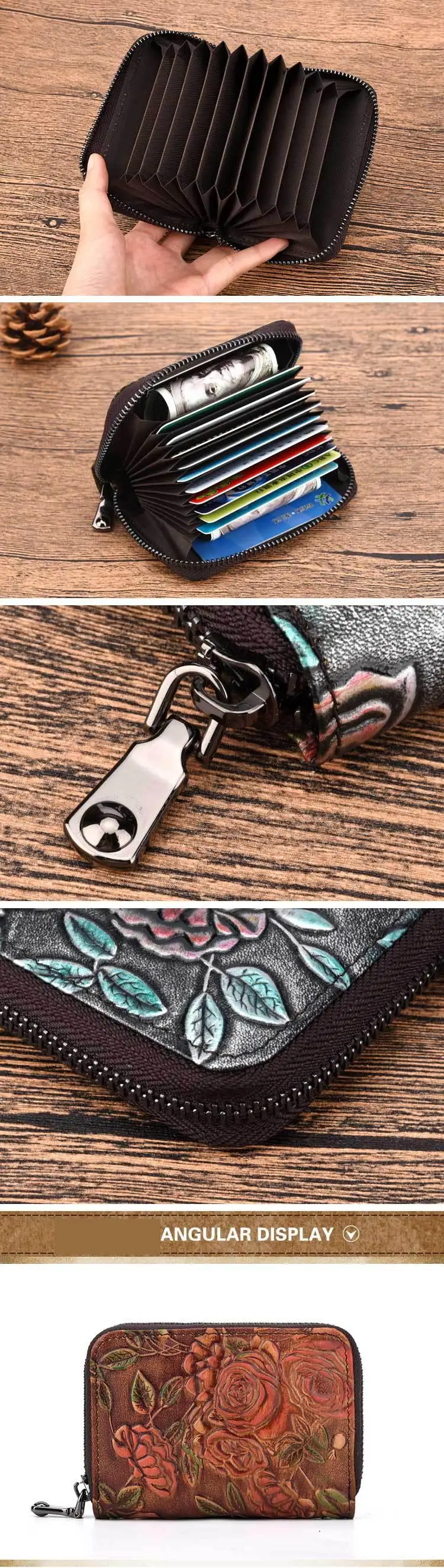 Johnature 2019new vintage floral zíper couro genuíno