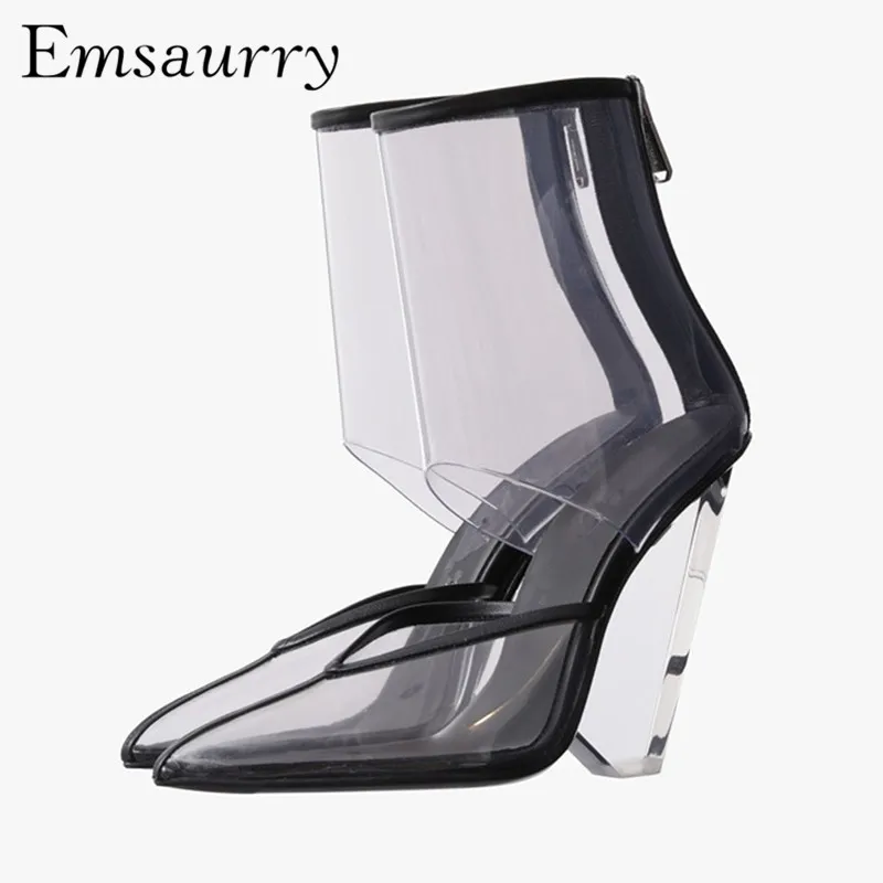

Fashion 2019 Transparent PVC Ankle Boots Unique Clear Spike High Heel Pointed Toe Back Zip Cut Out Stage Short Botas Mujer