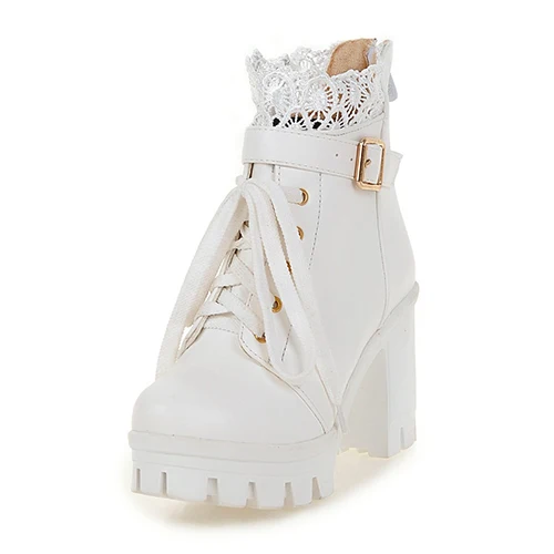 white shoes Gdgydh/ г. Весенние ботильоны женские ботинки на Высоком толстом каблуке пикантная женская обувь на платформе со шнуровкой и круглым носком Большие размеры 34-43 - Цвет: white shoes