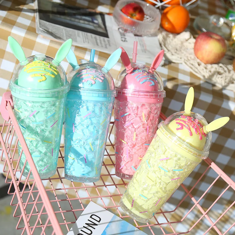 

Creative Summer Water Bottles with Straw Creative Design Colorful Plastic Water Cups with Ice Cream Shape Student's Present