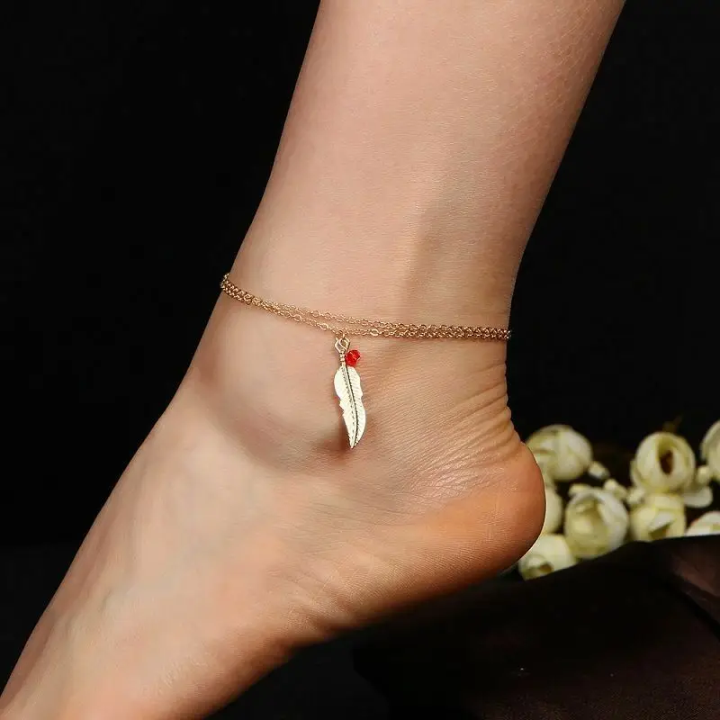 

Woman Feet Chain Leaves Gold /Silver Plated Double Layers Chain Anklet Bracelet Fashion Double Foot Chain Handmade Anklet