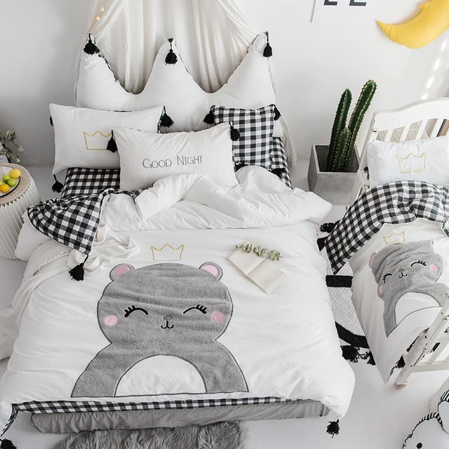 Aliexpress 100 Cotton Cute Cartoon White Black Bedding Set S Queen King Size Bed Fit Sheet Duvet Cover Pillowcase From
