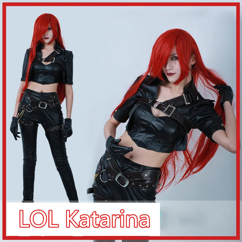 

Anime!Hot Game LOL Katarina PU leather Black Gothic Combat Suit Uniform Cosplay Costume Halloween Outfit For Women Free Shipping