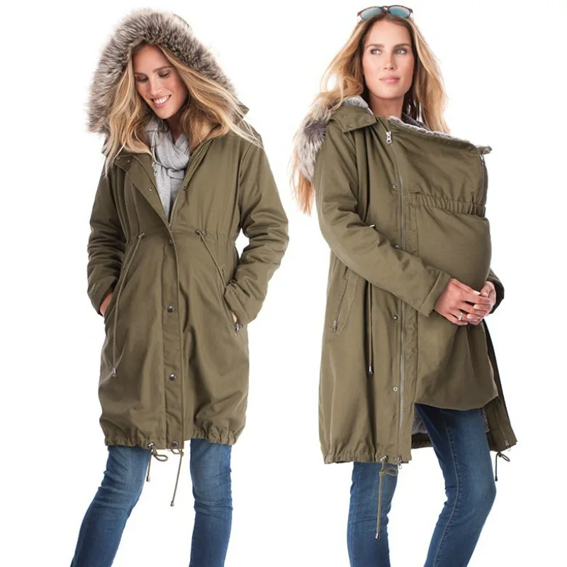 Les Enceintes Couture À Tops Capuchon Col Kangourou Européenne Nouveau Style 2018 Pour De army Hiver Fourrure Noir Veste Femmes Green Manteau BCorxed