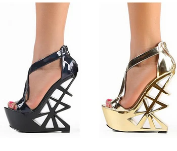

Summer Fashion Strange Heel Woman Sexy Pumps Golden cut outs Heel Design Cool Sandals High Heels Platform Heels Party Shoes