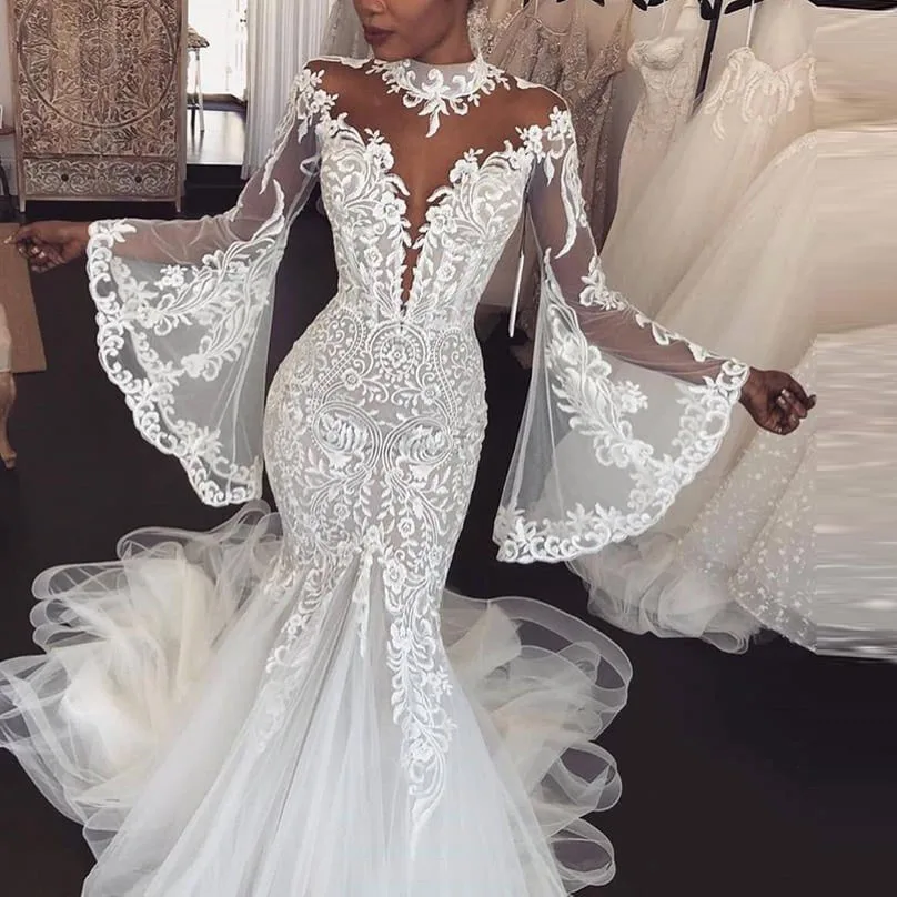 Robe De Mariee 2019 уникальное цветочное кружевное свадебное платье с юбкой-годе с расклешенными рукавами свадебное платье с оборками с высоким