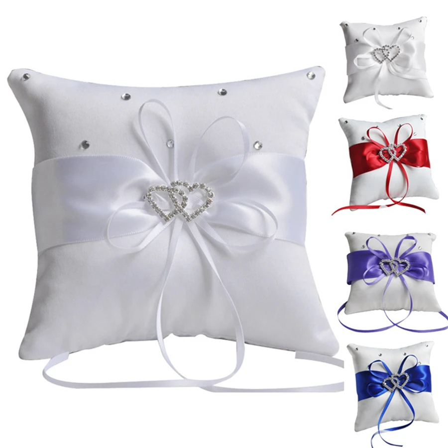 JW_ Popular Wedding Bridal Bowknot Double Heart Ring Bearer Pillow Cushion 