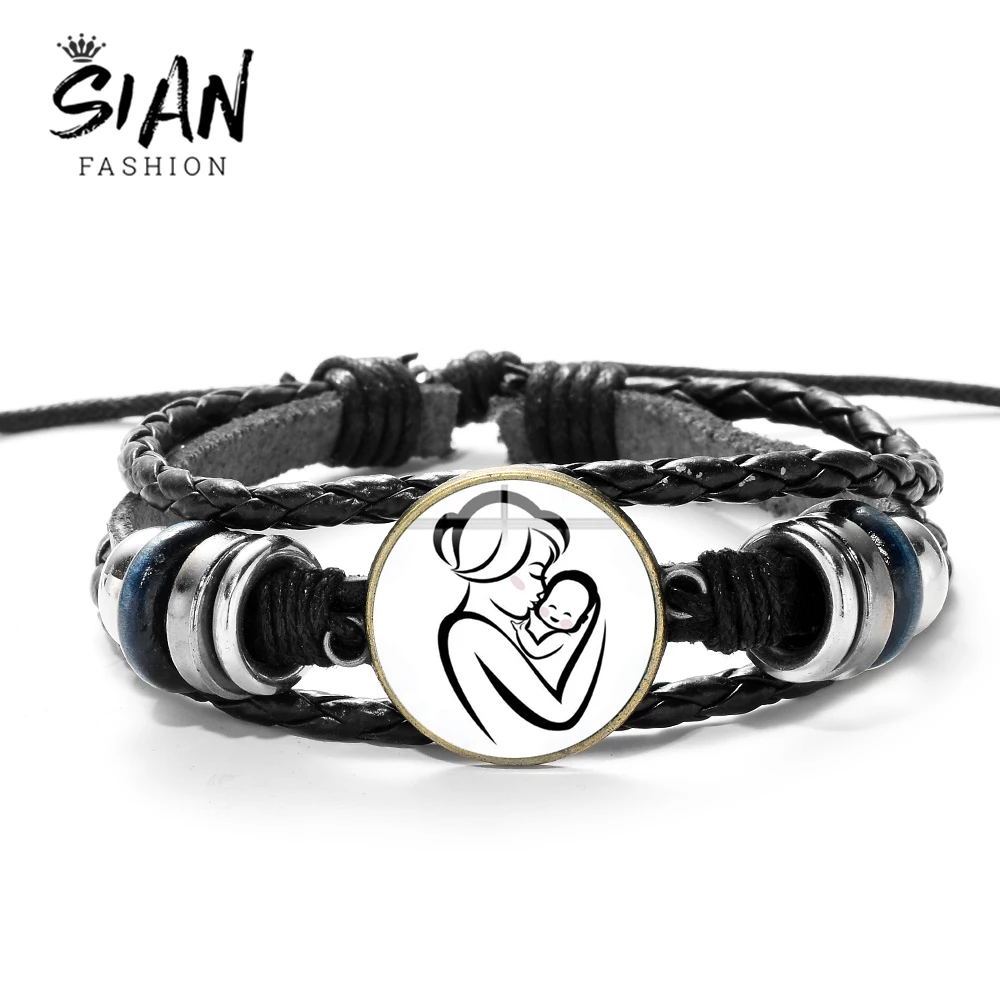 

SIAN Family Mother and Baby Pattern Charm Bracelet Cartoon Figure 3D Print Glass Dome Handmade Braided Genuine Leather Bracelets