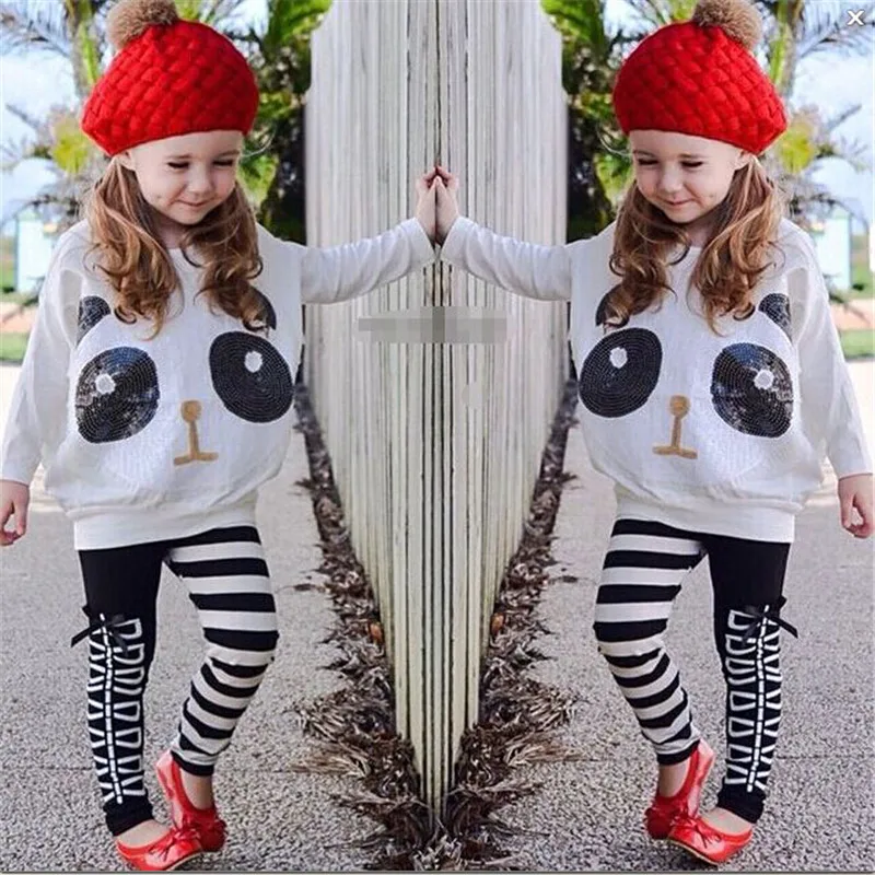 

new 2018 girls summer and autumn clothing set kids girls Panda pattern long-sleeved t shirt+striped pant 2 pieces clothing sets