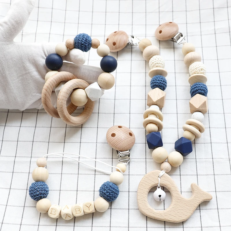 Baby Toys Silicone Beads Teethers Wooden Rings Handmade Bracelet Pacifier Chain Clips Teething Pram Stroller Bell Baby Products