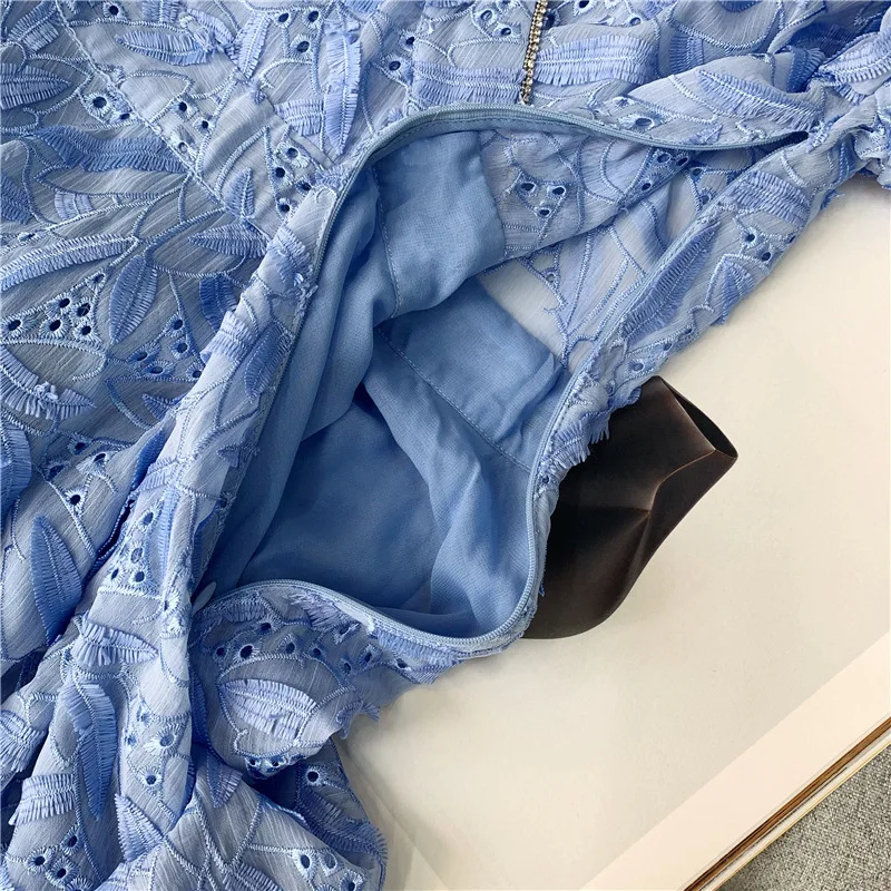 Французский дизайнер стерео кружева перо вышивка ремесло ледяное озеро голубое v-образным вырезом Темперамент платье