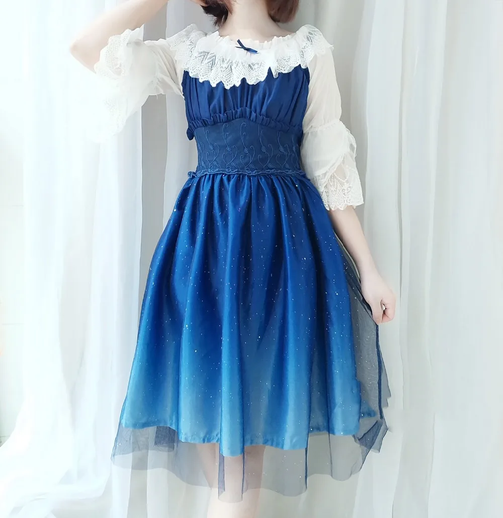 

Summer Starry sky Star City Bronzing gradient Blue Black dress JSK Sling dresses High waist with tops