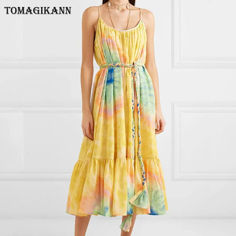 

2019 Summer Tie-dyed Print Spaghetti Strap Dress Vacation Beach Ruffles Sleeveless Sashes Defined Waist Dresses Vestidos
