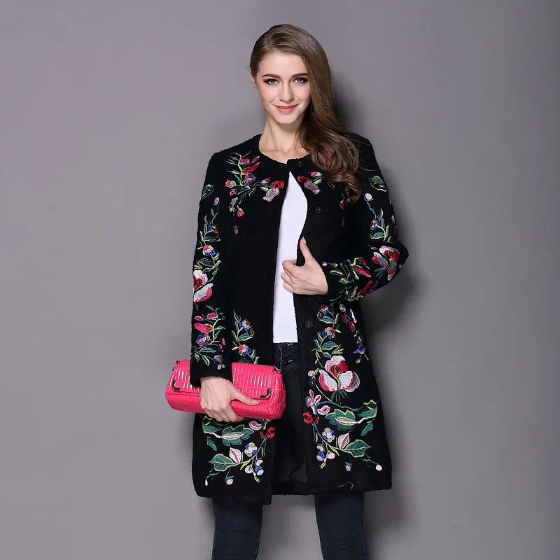 Женское кашемировое пальто, зимнее шерстяное пальто, белое, черное, красное, традиционная вышивка, пальто с воротником, длинный рукав, плащ размера плюс S-3XL, G144