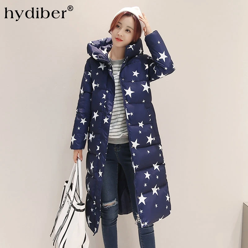 2016 Winter Coat Women Jacket Maxi Long Parkas Star Print Hooded Cotton
