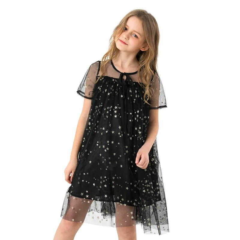 

Summer Children's Princess Dress Teenagers Girl Dress 2019 Mesh Star Black Dresses Hollow Out Short Sleeve Vestidos for 5-14Yrs