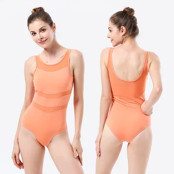 

Orange Summer Women Yoga Sets One Piece Jumpsuits Ballet Active Wear Clothes Mesh Patchwork Half Sleeve Mujer Fitness Pilates