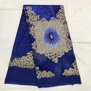 

Latest African Laces 2019 Royal Blue And Gold Embroidery Nigerian French Lace Fabrics With Sequins Net Lace For Wedding Dresses