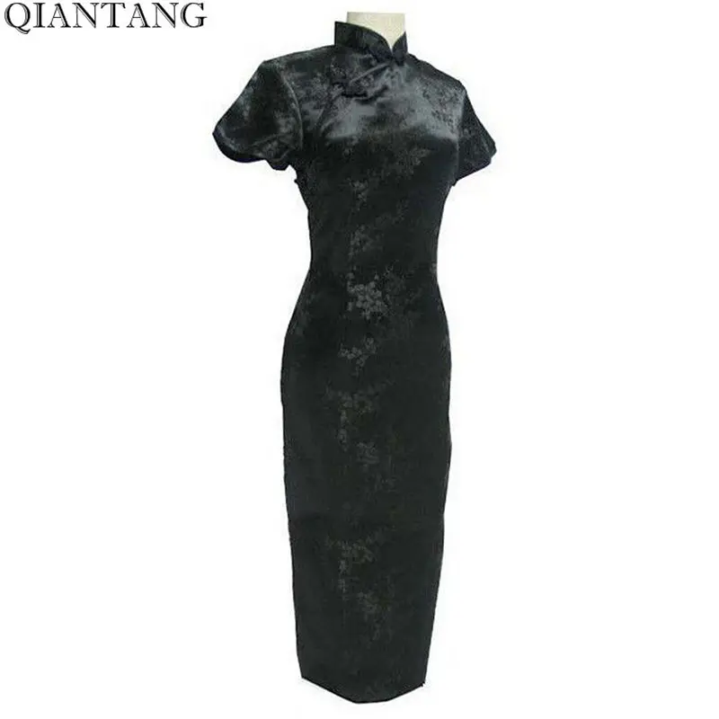 

Black Traditional Chinese Dress Mujer Vestido Women's Satin Long Cheongsam Qipao Flower Size S M L XL XXL XXXL 4XL 5XL 6XL J3083