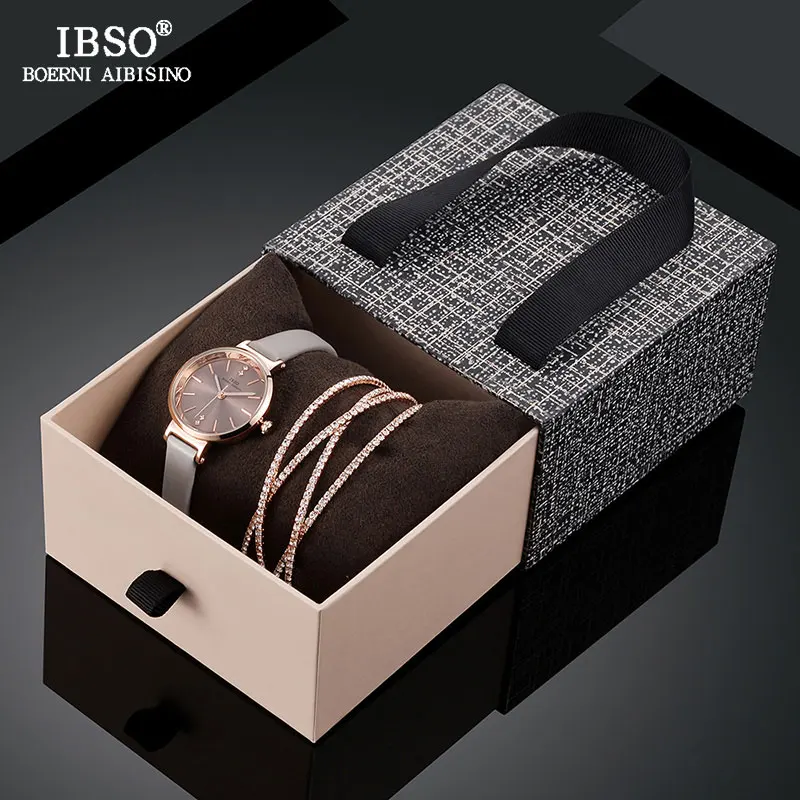 

IBSO Brand Creative Quartz Watch Women Bracelet Set 2019 Leather strap Ladies Women Watches Jewelry Set Relogio Feminino Clock