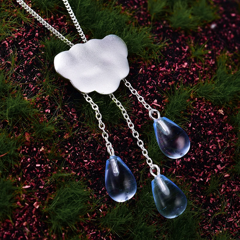 Lotus Fun Genuine 925 Sterling Silver Pendants for Women Tassel Cloud Rain Drop Crystal Silver Pendant without Necklace Jewelry