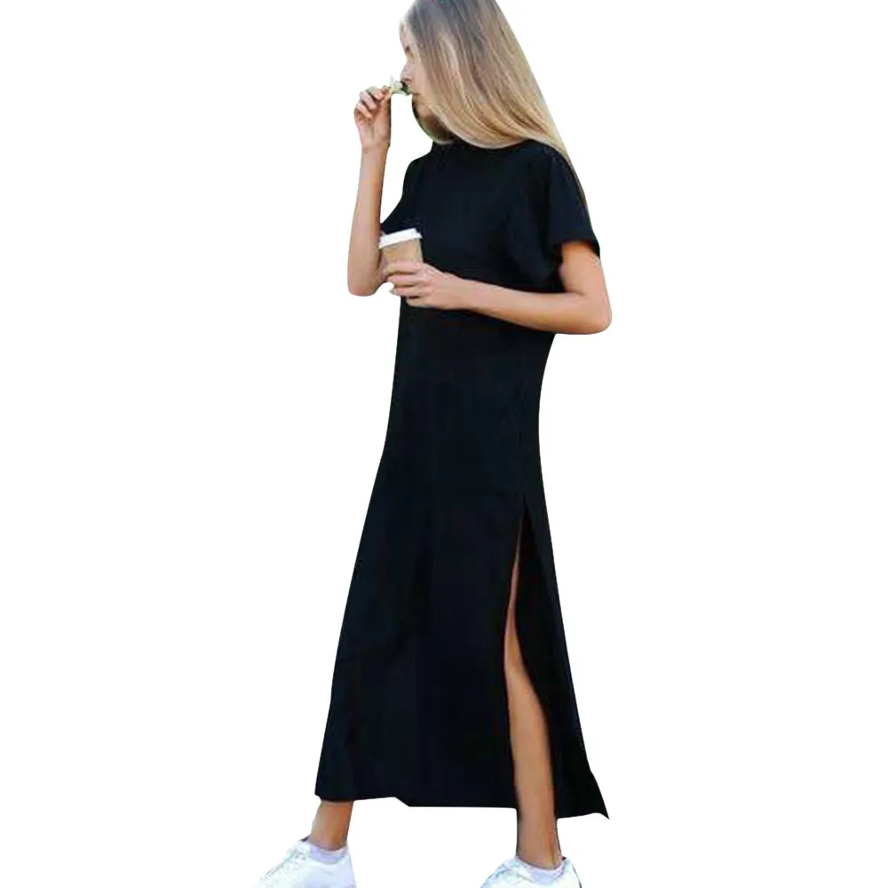 

SAGACE Women Dress Sexy Summer Dress Women 2019 Sundress Sexy O-Neck Side High Slit solid color Black Short Sleeves Casual Dress
