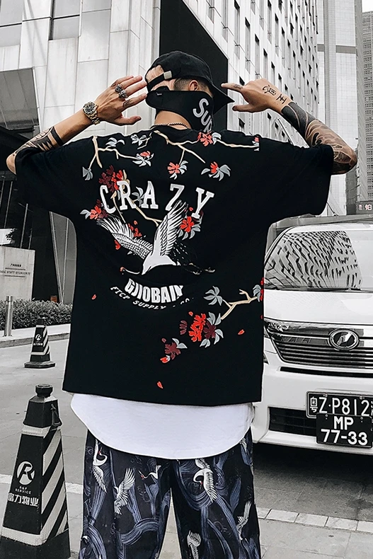 2019 Лето Китайский ветер ветви журавли печати короткий рукав рубашка Harajuku пара