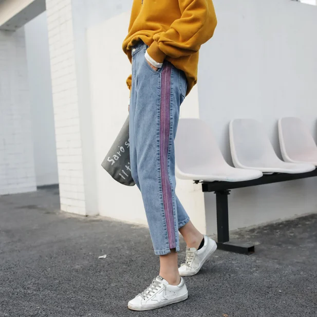 Harem Denim Jeans Side Purple Stripe Streetwear Button