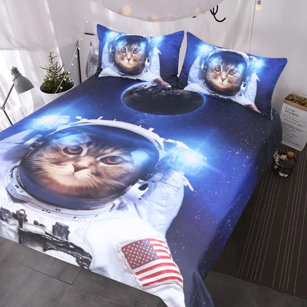 BlessLiving Funny Space Cat Bed Set 3 Piece Astronaut Pet Bedspread