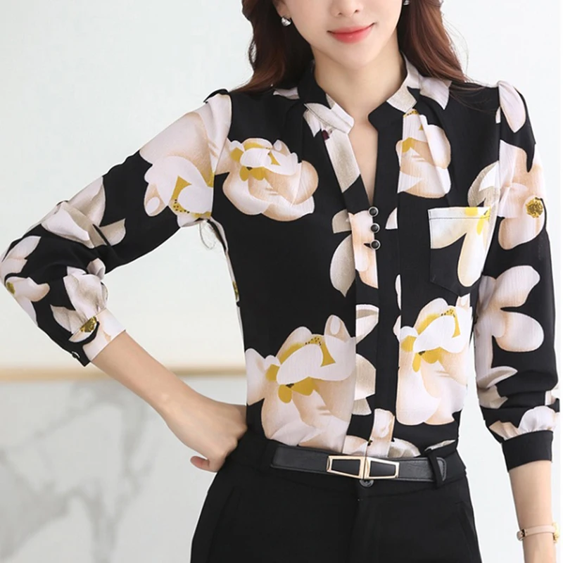 

2019 plus size fashion women blouse long sleeved flower printed women top stand collar blouses slim fit office lady blusa