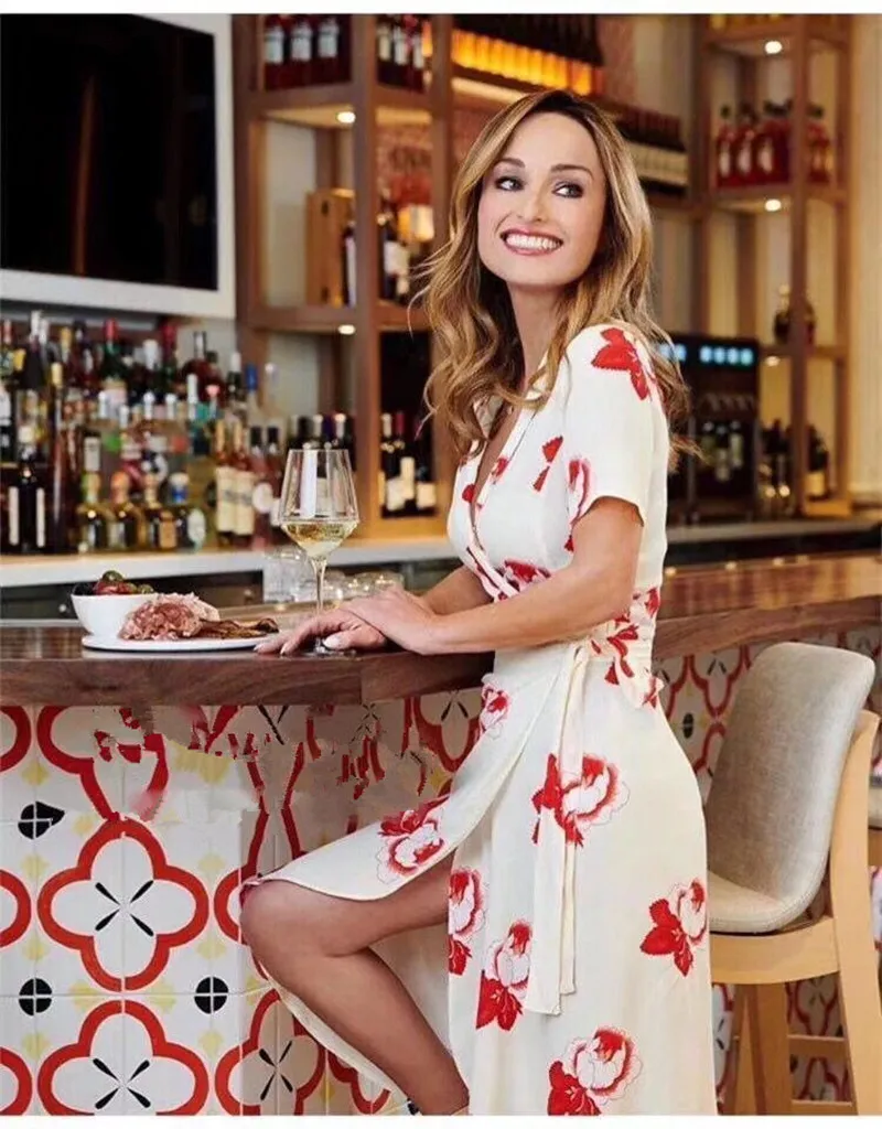 

Women Peony Flower Print Vintage Dress Short Sleeve V Neck Long Dress With Belt