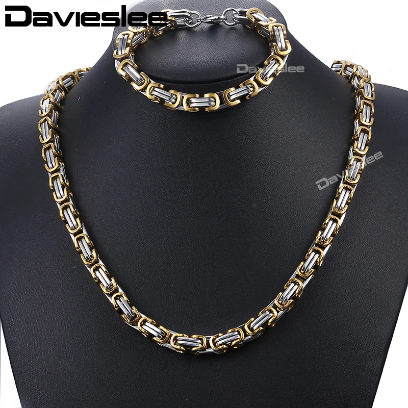 Mens Steel Bracelet Necklace Set Gold 