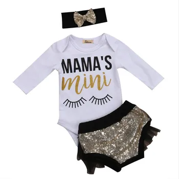 

Newborn Toddler Baby Girls Letter Cotton Long Sleeve Romper Tops Sequins Lace Tutu Shorts Headband 3Pcs Clothes Outfits Set 0-2Y